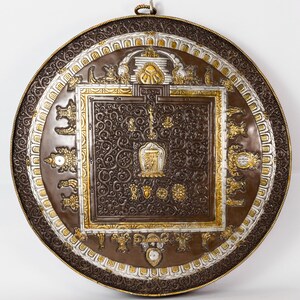 14.5&quot; Hand Carved Oxidized GoldSilver Plated Kalchakra Mandala WallHanging Nepal