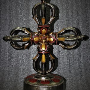 19” Tibetan Antique Handmade Iron Double Vajra/Viswa Vajra With Base from Nepal