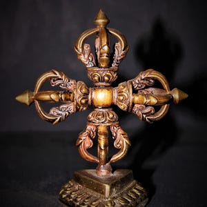 4.5”  Antique Hand Made Copper Double Vajra/Viswa Vajra With Base from Nepal