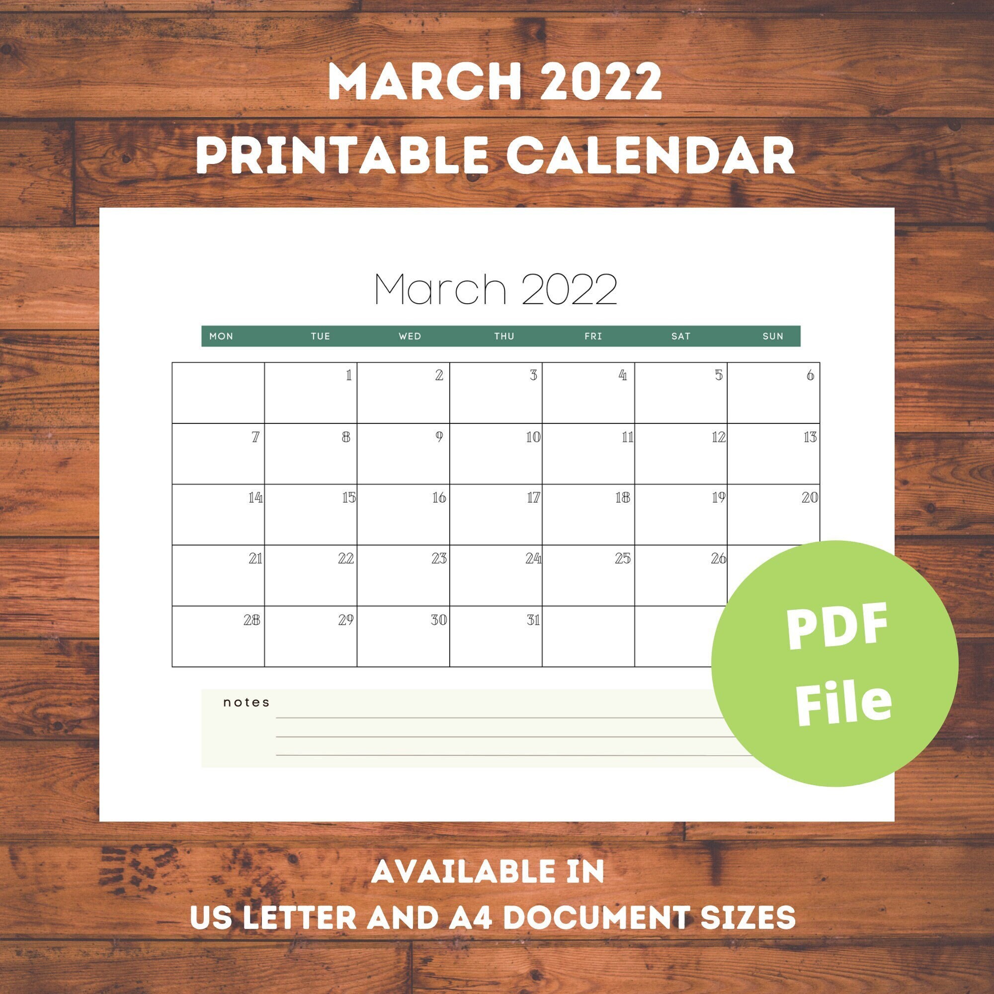 march 2022 printable calendar pdf minimalist green boho us etsy