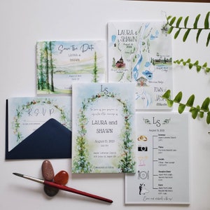 Hand Painted Wedding Invitation Suite, Customized Watercolor Painted Invitations, Custom Wedding Map and Schedule, Save the Date, RSVP Cards image 1