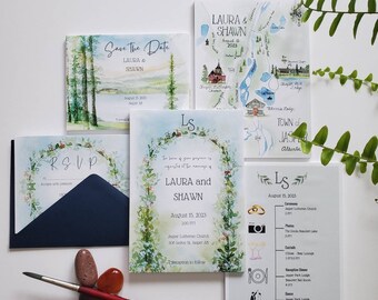 Hand Painted Wedding Invitation Suite, Customized Watercolor Painted Invitations, Custom Wedding Map and Schedule, Save the Date, RSVP Cards