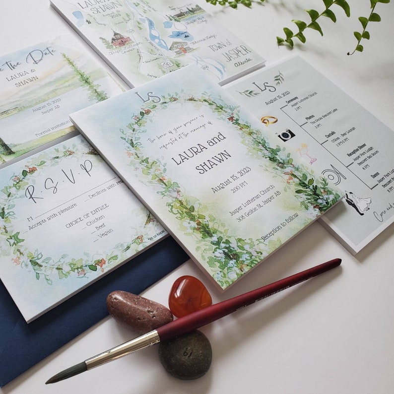 Hand Painted Wedding Invitation Suite, Customized Watercolor Painted Invitations, Custom Wedding Map and Schedule, Save the Date, RSVP Cards image 7