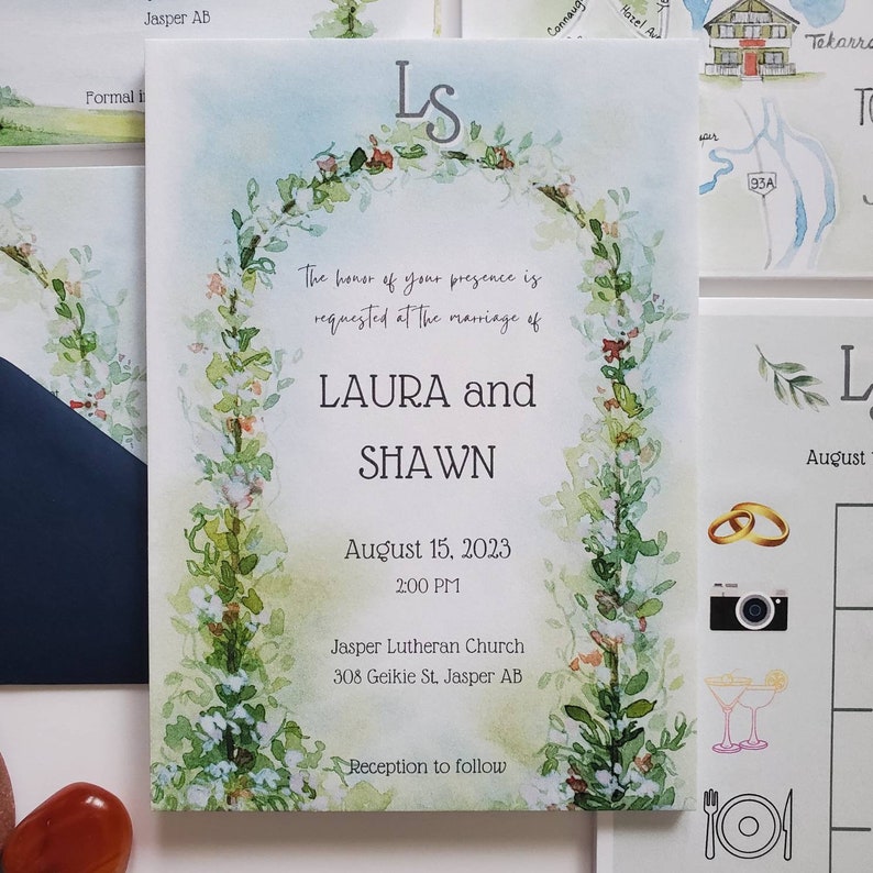 Hand Painted Wedding Invitation Suite, Customized Watercolor Painted Invitations, Custom Wedding Map and Schedule, Save the Date, RSVP Cards image 3