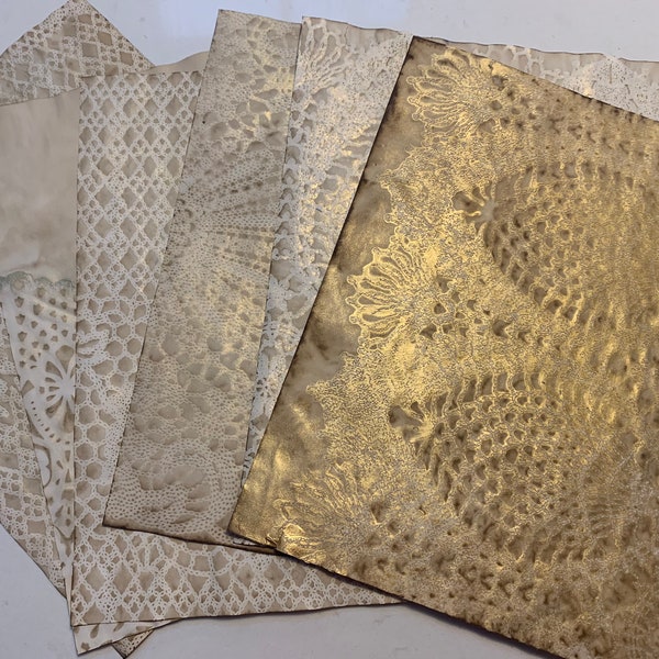 Gold Paint and Coffee Lace Dyed Papers for Junk Journals, Scrapbooks, Handmade Cards and Other Paper Craft Projects