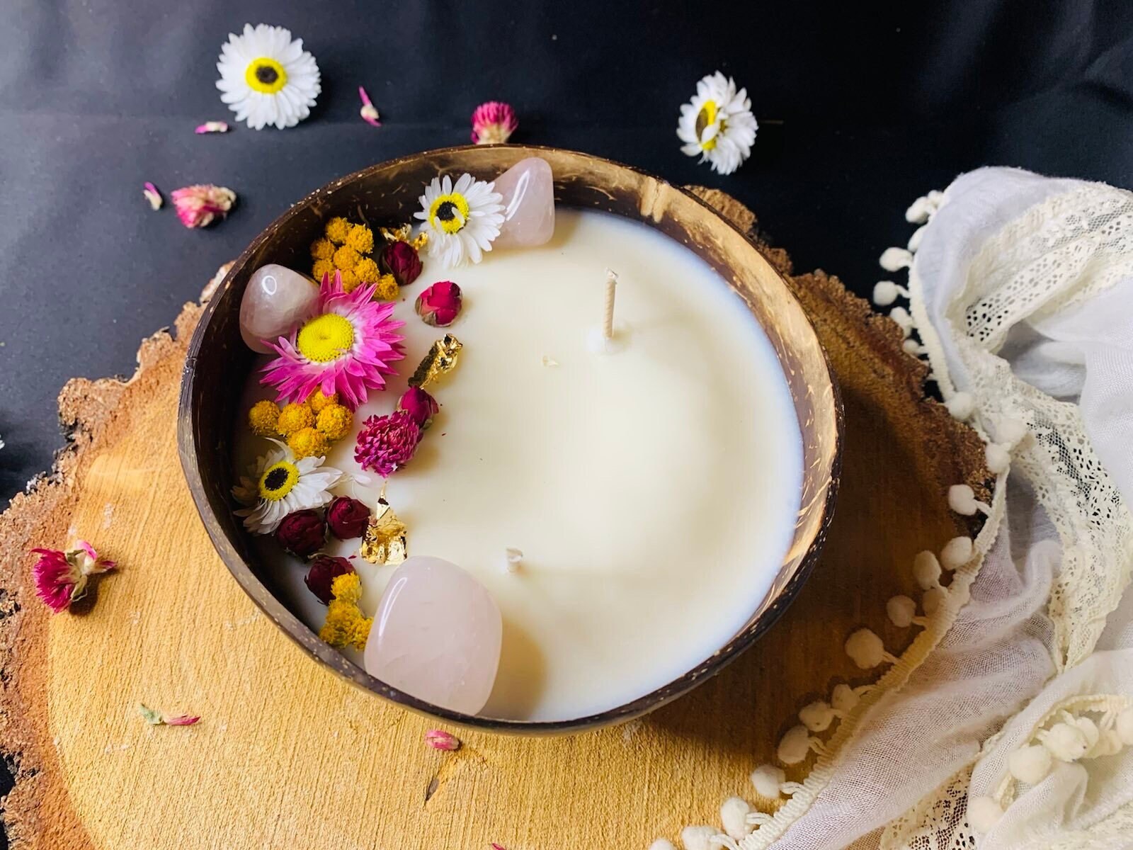 Bougies Coconuts avec Pierres Quartz Rose