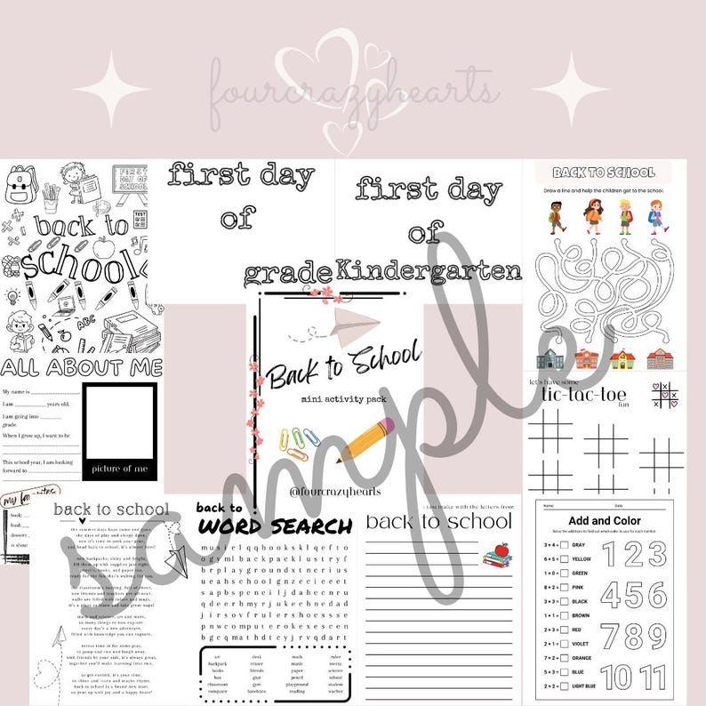 Peut inclure: Un pack d'activit&eacute;s imprimable pour la rentr&eacute;e des classes en maternelle. Le pack comprend une page de titre "Retour &agrave; l'&eacute;cole", une page "Tout sur moi", une recherche de mots, un labyrinthe, un jeu de morpion et une activit&eacute; d'addition et de coloriage.