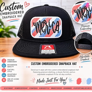 May include: Black snapback hat with a mesh back and a flat bill. The hat features an embroidered patch with the word "merica" in a red, white, and blue design. It has an adjustable snapback closure.