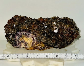 Op de afbeelding: Een grote, ruwe amethistkristalcluster met een mix van donkerpaarse, bruine en witte kristallijne structuren. De steen wordt getoond op een witte, stervormige basis, met een liniaal die een lengte van ongeveer 28 cm aangeeft.