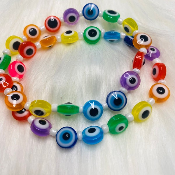 Rainbow Evil Eye Bracelet,stretchy bracelet stack, Multicolor evil eye  bracelet, protection, Hippie indie jewelry