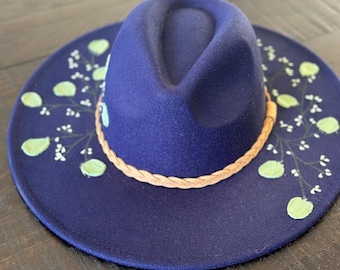 Hand Painted Wide Brim Hat - Blue