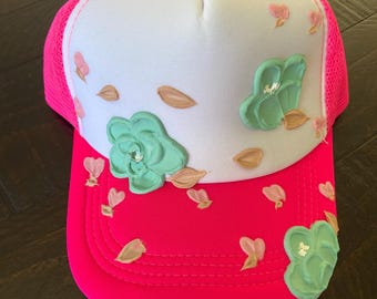 Linewife Embroidered Distressed Trucker Hat - Hot Pink & Tan  display picture 1
