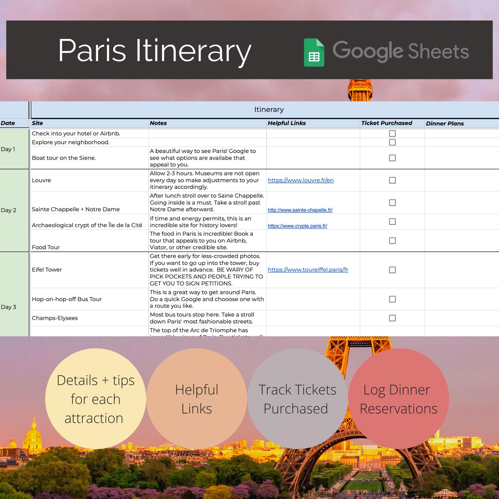 Paris Itinerary Travel Template 57 Days Best Sites in Paris Optional Day Trips Google Docs