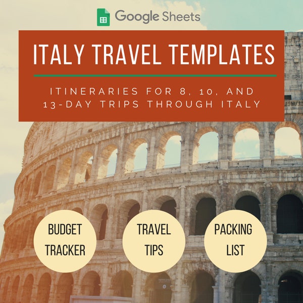 Italy Travel Template | 8, 10, or 13 Days | Rome, Florence, Venice, Cinque Terre | Google Docs | Shareable + Printable | Budget Tracker