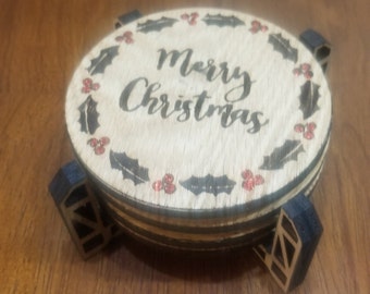 Laser Cut/Engraved Christmas Coaster Set of 4 - Cork/Wood