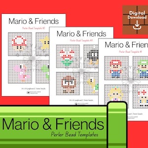 May include: Three printable Perler bead templates featuring characters from the Mario video game series. Each template shows pixelated designs of characters like Mario, Luigi, and Toad. The text "Mario & Friends" is displayed.