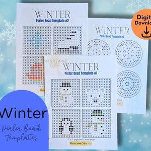 May include: Printable winter themed Perler bead templates. The templates include a snowman, penguin, polar bear, mittens, and snowflake. The templates are designed for 5mm beads and a 17x17 pegboard.