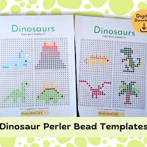 May include: Two printable sheets of dinosaur perler bead templates. The first sheet has a blue dinosaur, a grey volcano, a green dinosaur, and a yellow and green dinosaur. The second sheet has an orange dinosaur, a green dinosaur, a pink dinosaur, and a green tree. Each template is 17 x 17 pegboard and uses 5mm beads.