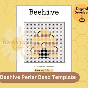 May include: A printable beehive pattern for creating a beaded craft. The pattern is designed for a 29 x 29 pegboard and uses 5mm beads. The beehive is yellow, brown, and black.