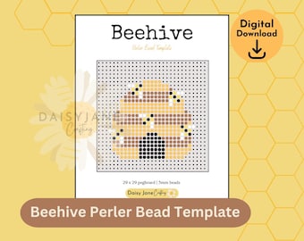 May include: A digital template for a beehive design made with perler beads. The graphic shows a grid with a beehive pattern in yellow, brown, and black, labeled Beehive Perler Bead Template, 29 x 29 pegboard, and 5mm beads.