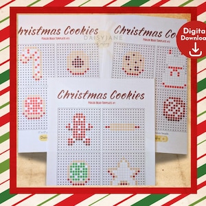 Op de afbeelding: Printbare kerstkoekjes sjablonen voor het maken van pixel art met perler kralen. De sjablonen bevatten ontwerpen van snoepstokken, peperkoekmannetjes, sneeuwvlokken en meer.