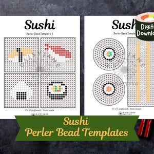 Könnte beinhalten: Druckbarer digitaler Download von vier Sushi-Perlenvorlagen. Die Vorlagen beinhalten eine Maki-Rolle, Nigiri und zwei verschiedene Arten von Sashimi. Jede Vorlage ist 17 x 17 Steckbretter und verwendet 5 mm Perlen.
