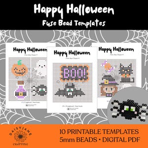 May include: Three printable Happy Halloween fuse bead templates featuring grid designs for a pumpkin, ghost, potion bottle, spider, bat, and cat. The digital PDF includes 10 patterns for 5mm beads, with a finished black spider example shown.