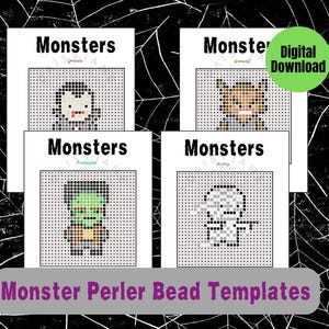 May include: Four white paper sheets featuring pixel art grid patterns for perler beads, each labeled Monsters. The designs include a vampire, werewolf, Frankenstein's monster, and a mummy. A green circular badge reads Digital Download.