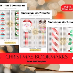 Puede incluir: Patrones de marcapáginas de Navidad imprimibles para manualidades con cuentas Perler. Los diseños incluyen un bastón de caramelo, un reno, un muñeco de nieve y una rama de acebo. Los patrones están etiquetados con el tamaño del tablero de clavijas necesario y la cantidad de cuentas necesarias.