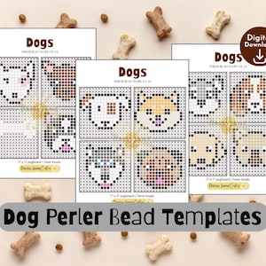 Può includere: Modelli di perline Perler per cani stampabili. I modelli presentano otto diversi design di cani, tra cui un husky, un chihuahua, un carlino e un golden retriever. Ogni modello è di 17 x 17 quadrati di pannello a chiodi.