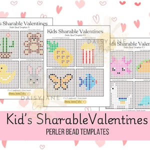 May include: Printable Valentine's Day perler bead templates for kids. The templates feature a variety of designs, including a cactus, a pineapple, a butterfly, a fish, a llama, and a taco. The templates are 17 x 17 pegboards and require 1,000 beads.