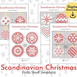 May include: A collection of printable templates for Perler bead crafts, featuring Scandinavian Christmas designs. The templates include various ornaments and snowflake patterns in red and white, perfect for holiday crafting. The words "Scandinavian Christmas" and "Perler Bead Templates" are visible.