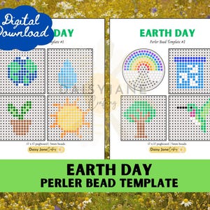 Puede incluir: Dos hojas de descarga digital para plantillas de cuentas perler de Earth Day. Cada hoja presenta cuatro diseños de cuadrícula que incluyen un globo terráqueo, gota de agua, planta, sol, arcoíris, contenedor de reciclaje, árbol y colibrí.