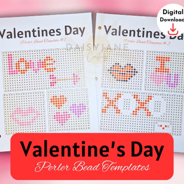 Valentine's Perler Bead, Hama Bead, Fuse Bead Bundle | Valentine Craft for Kids Printable Templates