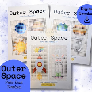 May include: Three printable outer space themed Perler bead templates. The templates feature a rocket, planets, and stars. The templates are designed for large pegboards and 5mm beads.