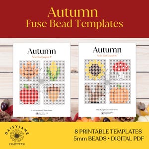 Può includere: Due fogli stampabili intitolati Autumn Fuse Bead Templates con otto disegni per basi 14x14 e perline da 5mm. I motivi includono una foglia, mais, una mela, una ghianda, un girasole, un fungo, uno scoiattolo e una zucca.