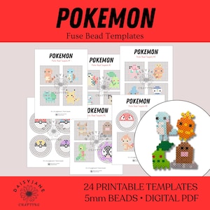 May include: A collection of printable POKEMON Fuse Bead Templates featuring 24 designs for 5mm beads. The digital PDF sheets display grid patterns for various characters, with a circular inset showing four finished colourful bead creations.