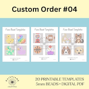 May include: Custom Order #04, 20 printable fuse bead templates in a digital PDF. Three pages display grid designs for ducks, a gumball machine, a football, a basketball, a cupcake, and various animals, all for 14x14 pegboards and 5mm beads.