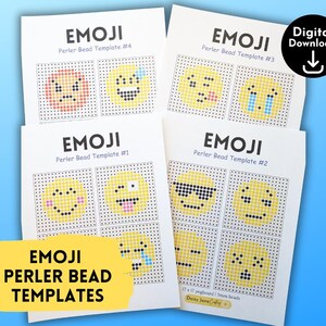 Puede incluir: Cuatro hojas imprimibles de diseños de emoji para hacer manualidades con cuentas Perler. Cada hoja tiene cuatro diseños de emoji diferentes, incluyendo una cara guiñando un ojo, una cara llorando, una cara con gafas de sol y una cara con la lengua fuera.