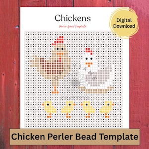 Pode incluir: Um modelo digital de contas Perler intitulado Chickens apresentando um padrão de grade com uma galinha castanha, uma galinha branca e quatro pintainhos amarelos. O design usa pontos coloridos para indicar a colocação das contas.