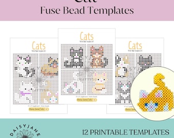 May include: Twelve printable fuse bead templates for cat designs, presented as a digital PDF. The pages feature grid layouts for 5mm beads on 17x17 pegboards, including various cat patterns. A circular inset shows a finished yellow cat bead figure.