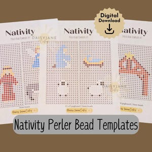 Peut inclure: Mod&egrave;les de perles Perler pour une sc&egrave;ne de la Nativit&eacute; avec des instructions pour cr&eacute;er un berger, un ange, le b&eacute;b&eacute; J&eacute;sus, une cr&egrave;che et une &eacute;toile. Les mod&egrave;les sont imprim&eacute;s sur du papier blanc avec un motif de grille et le texte "Nativity Perler Bead Templates".