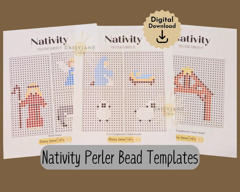 Peut inclure: Mod&egrave;les de perles Perler pour une sc&egrave;ne de la Nativit&eacute; avec des instructions pour cr&eacute;er un berger, un ange, le b&eacute;b&eacute; J&eacute;sus, une cr&egrave;che et une &eacute;toile. Les mod&egrave;les sont imprim&eacute;s sur du papier blanc avec un motif de grille et le texte "Nativity Perler Bead Templates".