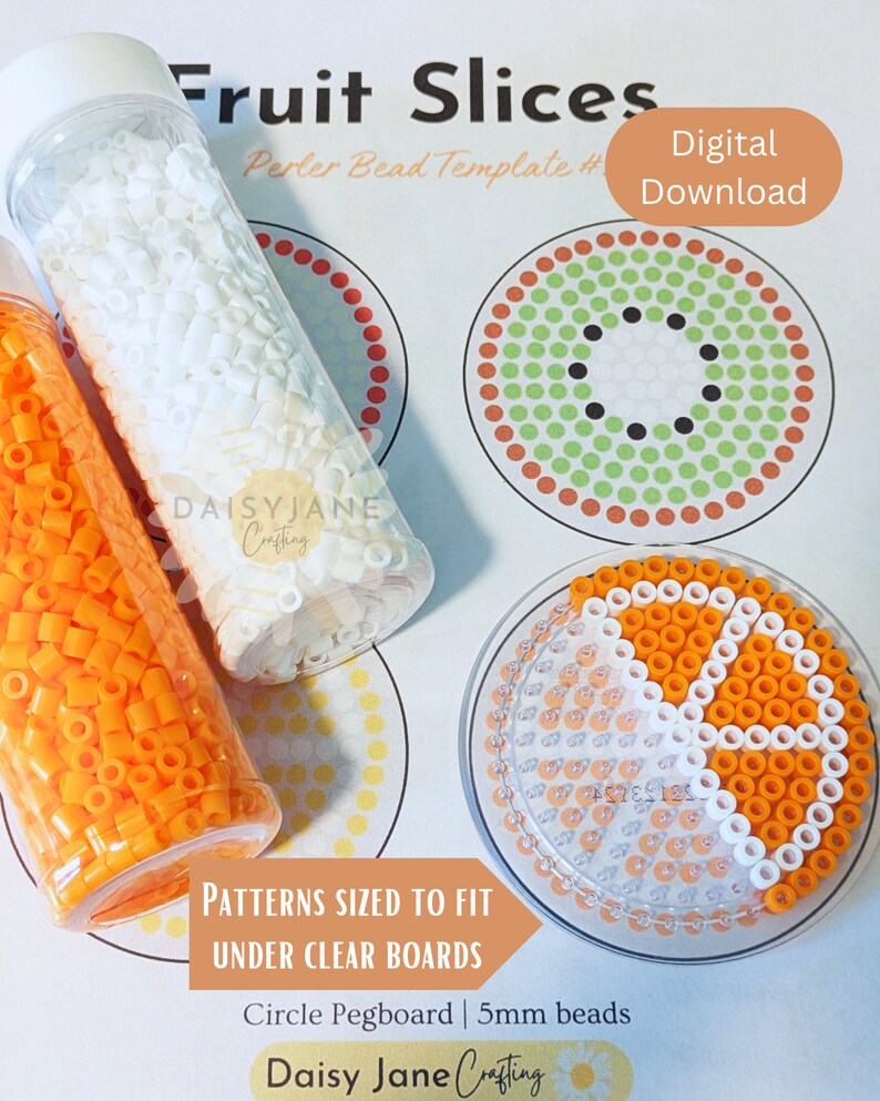 May include: A craft kit with Perler beads and templates for creating fruit slice designs. The image shows clear bottles filled with white and orange beads, along with a completed orange slice design. Text includes "Fruit Slices" and "Digital Download."