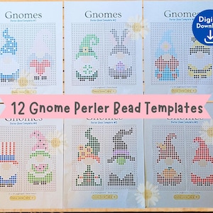 Op de afbeelding: Twaalf Perler bead sjablonen met kabouterontwerpen. Elke sjabloon toont een andere kabouter met verschillende hoeden, baarden en outfits. De sjablonen zijn gerangschikt op een lichte achtergrond met de tekst "Gnomes" en "12 Gnome Perler Bead Templates".