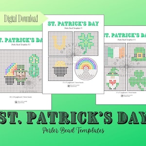 May include: Three printable St. Patrick's Day Perler bead templates. The templates feature a leprechaun, a rainbow, a shamrock, a pot of gold, and a four-leaf clover.