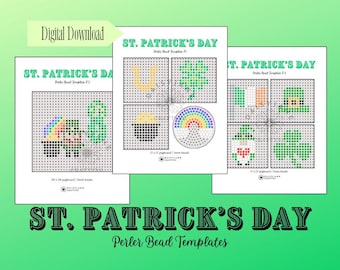 May include: Three digital download pages of St. Patrick's Day Perler bead templates featuring pixel art designs of leprechauns, shamrocks, rainbows, pots of gold, and hats. The sheets include grid layouts for 29x29 and 17x17 pegboards with 5mm beads.