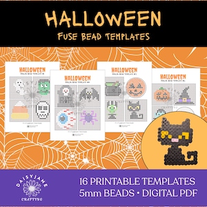 May include: Sixteen Halloween fuse bead templates in a digital PDF format. The pages feature grid designs for creating pixel art figures like ghosts, pumpkins, skulls, bats, and cats using 5mm beads. A finished black cat bead figure is shown.