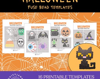 Op de afbeelding: Zestien Halloween strijkkraalpatronen in digitaal PDF-formaat. De pagina's bevatten rasterontwerpen voor het maken van pixel art figuren zoals spoken, pompoenen, schedels, vleermuizen en katten met 5mm kralen. Een afgewerkte zwarte kat is afgebeeld.
