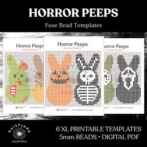 May include: A digital PDF set of Horror Peeps fuse bead templates featuring six designs on 40x40 pegboards for 5mm beads. The printable patterns include various bunny shapes with horror-themed graphics in green, orange, black, and white colors.